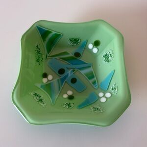 Vintage Fused Glass Dish Green Blue Sea-foam Retro Mid Century Vibes Art Glass